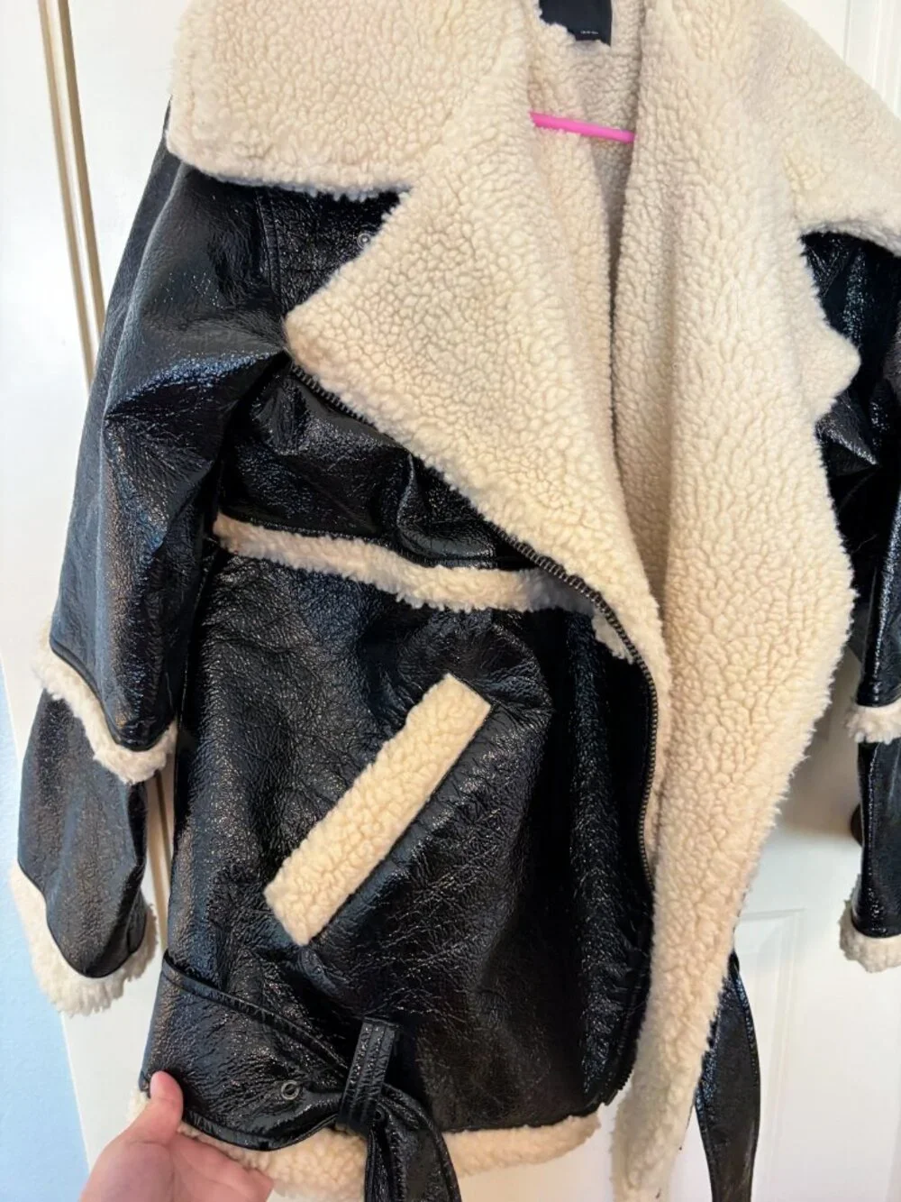 Monki Oversized Faux Leather with Shearling Aviator Jacket Size Small